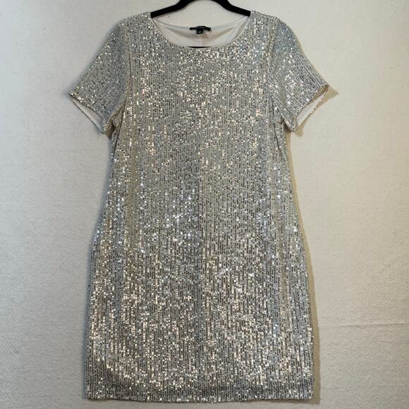 MSK Silver Shimmering Sequin Embellished Short Sleeve Shift Dress Size Medium - Picture 1 of 5